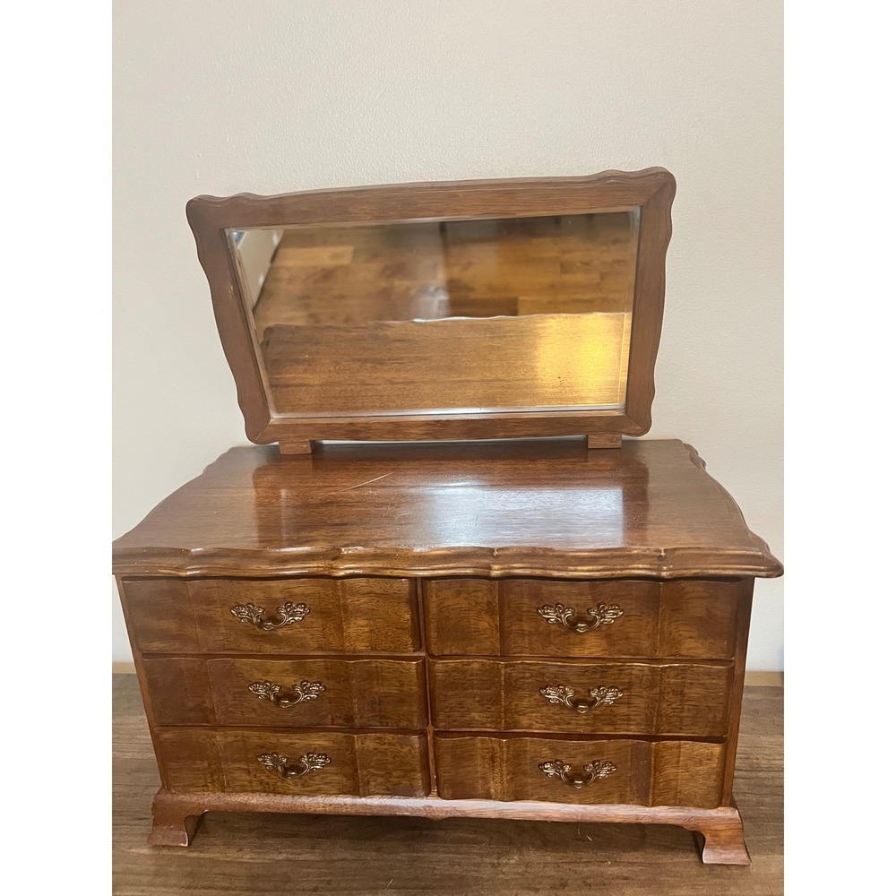 Large Vintage Brown Wood Jewelry Box Mini Dresser w/ Mirror Chest Made in Japan